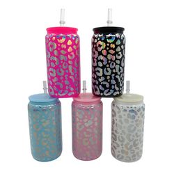 Holographic Leopard 16oz Glass Can Cups Rainbow Mason Tumbler Juice Jar Iced Beverage Drinking Beer Can Glasses Cups Coffee Mugs With Coloured Plastic Lids & Straws