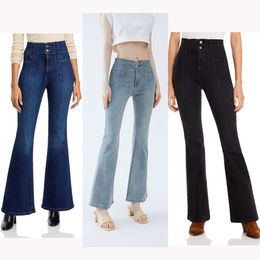 2024 Spring New High Waist Elastic Hip Lifting Full Length Flare Pants with Folded Lines and Double Button Display High denim Pants