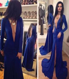 2018 Sexy Prom Dresses Royal Blue Deep V Neck Long Sleeve Open Back Sheath Sweep Train Evening Gowns Celebrity Party Dress Under 17225186
