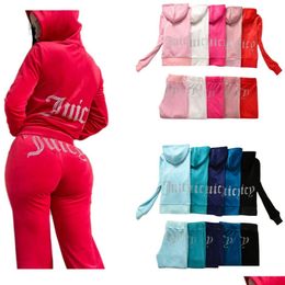 Womens Two Piece Pants Juicy Tracksuit Autumn Spring Women Sporting Suits Slim Casual Veet Tracksuits Hooded Collar Jogging Sportswear Ottec