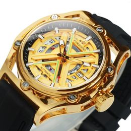 Wristwatches Forsining Sports Gold Automatic Mens Watch Fashion Calendar Window Luminous Hands Military Rubber Band Luxury Mechanical