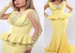 Yellow Evening Dresses Scoop Neckline Lace Appliques Pearls Beading Peplum Long Sleeve Satin Mermaid Long Evening Gowns Arabic2892696