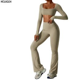 Women's Tracksuits NCLAGEN Womens 2pcs Gym Yoga Suit Tight Fitting Sports Set Workout Breathable T Shirts Bra Tank Top Loose Bell-bottoms LeggingsL2403