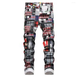 Men's Jeans Men Plaid Digital Print Fashion Patches Patchwork Stretch Denim Pants Slim Straight Trousers