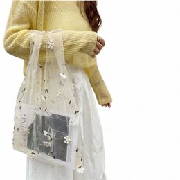 spring Summer Female Fr Embroidery Hand Bag Organza Casual Tote Mesh Summer Floral Tote Bags Eco-friendly Mesh Handbag 95rW#