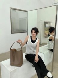 Drawstring Cowhide Tote Bag Women's 2024 One Shoulder Large Capacity Shopping HandBag Leisure Lazy Underarm Package