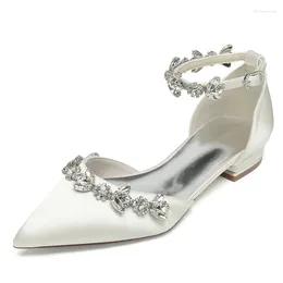 Casual Shoes Satin Rhinestones Wedding Flats For Bride Pointed Toe Ankle Buckle Strap Women Bridal Flat Sandals