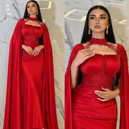 Evening Stunning With Dresses Elegant Sheath Red Pearls Cape Beaded Peplum Prom Dress Arabic R Muslim Formal Dresses For Women