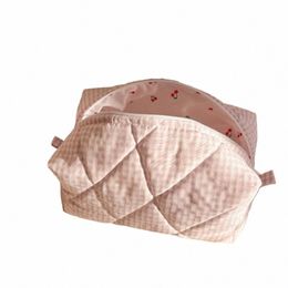 fi Pink Chequered Floral Makeup Bag Women Portable Large Capacity Cosmetic Storage Bag Cott Quilted Travel W Bag F4So#