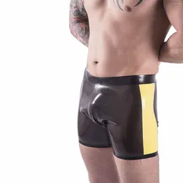 Underpants MONNIK Boxer Shorts Men Latex Briefs Rubber Panties Tight Underwear Black And Yellow Line Design For Bodysuit Party Cosplay