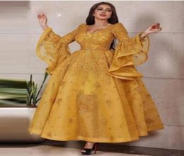 Gold Lace Appliques Formal Evening Dresses for Women 2020 Long Sleeve Back Lacing Prom Dress Long ankle length Dubai Arabic Party 1727573