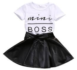 New Fashion Toddler Kids Girl Clothes Set Summer Short Sleeve Mini Boss Tshirt Tops Leather Skirt 2PCS Outfit Child Suit7650035