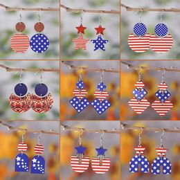 Dangle Earrings Independence Day Personalized US Flag Color Size Double Round Pentagram Stripe Wooden Sided