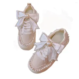 Casual Shoes Girls Increase 6cm Thick Bottom Beige Silk Pearls Sweet Bow Versatile Lolita Round Toe Female Cute Sneakers