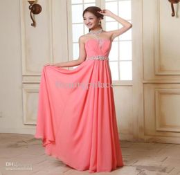 Most Cheapest A Line Strapless Floor Length Watermelon Chiffon Beach Prom Dresses Coral Pink Evening Dresses Beads Crystal Long Pr1435996