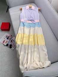 Spring Summer Multicolor Striped Print Panelled Cotton Dress Sleeveless Lapel Neck Long Maxi Casual Dresses W4A16B159