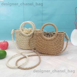 Totes Semi round one shoulder moon bag straw woven bag for womens handbag paper rope woven small round bucket bag T240416