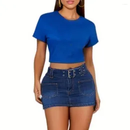 Skirts Mid-risedark Blue Skirt Women A-line Denim Stylish Women's With Adjustable Belt Pockets Mid-rise For Summer