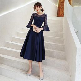 Ethnic Clothing Annual Party Dress Mid Length Style Slimming Navy Blue Cheongsam Women's Sexy Lace Banquet Prom Elegant Qipao Vintage