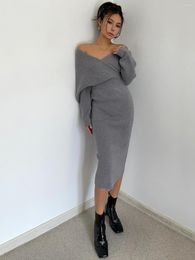 Casual Dresses Collarbone Beauty Ins Retro Gentle Series Large V-neck Knitted Dress Autumn Waist-Slimming Long Off-Shoulder Wear