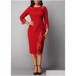 Ethnic Clothing African Clothes 2022 Elegant Red Dress Women Office Lady Plus Size 4Xl 5Xl O-Neck Bandage Bodycon Pencil Robe High Dro Dhuqt