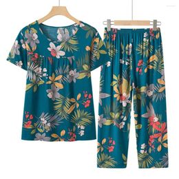 Women's Two Piece Pants Women Retro Casual Suit Flower Printed Top Set With Style Elastic Waist Wide Leg Design For Grandmothers