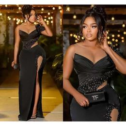 Sexy Black Thigh Split Formal Evening Dresses Sheer Neck Beaded Arabic Aso Ebi Long Party Prom Gowns For Women Elegant Satin Plus Size Second Reception Dress