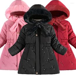 Jackets Winter Girls Jacket Long Style Pearl Embellishment Decoration Scarf Hooded Lining With Velvet Thick Keep Warm Coat For Kids