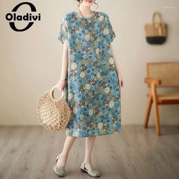 Party Dresses Women Fashion Print Cotton Linen Midi Dress 2024 Summer Casual Loose Vintage Ladies Oversized Clothing 6666