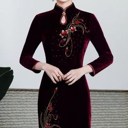 Ethnic Clothing Large Size 6XL Long Velvet Qipao Sexy Slim Split Mandarin Collar Chinese Dress Female Retro Classic Sequin Cheongsam