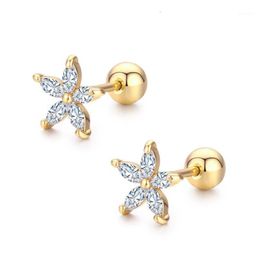 7Colors Cute Five Petals CZ Stones Flower Screw Back Stud Earrings For Women Baby Kids Girls Gold Colour Piercing Jewellery Aros1264P