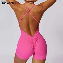 Women's Tracksuits NCLAGEN Fitness Jumpsuit Women Cross Adjustable Sports Playsuit Running One Piece Yoga Suit Scrunch Shorts Backless Set RomperL2403