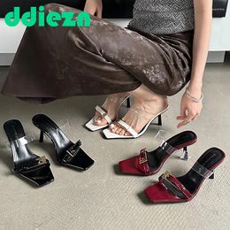 Dress Shoes Ladies Footwear Pumps High Heels Sandals 2024 Metal Buckle Fashion Pvc Transparent Women Slides Female Red