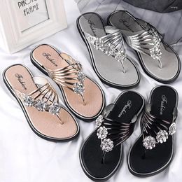 Slippers Women's Lightweight Flower Faux Rhinestone Flip Flops Summer Flat Open Toe Ladies Indoor Outdoor Footwear