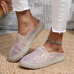 Casual Shoes Ladies Hollow Mesh Slipper Breathable Fisherman Floral Embroidered Flat Bottom Slip-On Plus Size Platform Footwear