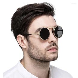 Sunglasses Vintage Steampunk Flip Up Men Women Retro Round Metal Frame Sun Glasses Hinge Design Curved Spring Legs UV400