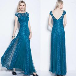 Party Dresses 2024 Boat Neck Floor-Length Lace Cap Sleeve A-line Long Formal Evening Gown Ball Prom Teal Us Size 4 6 8 10 12