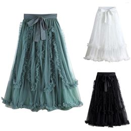 Skirts Vintage Mesh Pleated Skirt Tulle Long Maxi Belted Bow Solid Colour Casual For Women Elegant Summer Y2k Streetwear