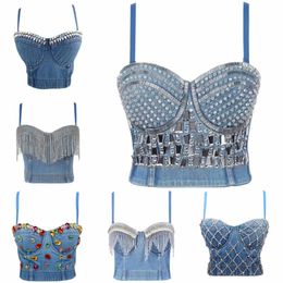Sexy Denim Rhinestone Corset Camisoles Bustiers Bra Party Club Streetwear Lingerie Look Stage costumes 240408