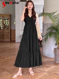 Casual Dresses Japanese Sweet Girl Long Dress Elegant 2024 Summer Romantic Sleeveless V-neck Pleated Large Swing For Women