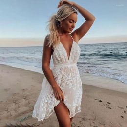 Casual Dresses Lace V-neck Backless Sleeveless Solid Color Dress For Women