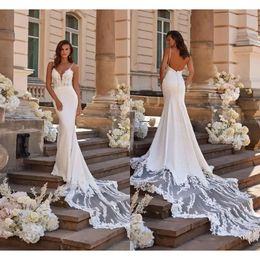 Sexy Backless Lace Mermaid Wedding Dresses Spaghetti Straps Appliques Western Long Train Bridal Gowns Elegant Robes De Mariage Bc15730