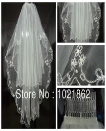 2T white Bridal Veils Elbow Beaded Edge Embroidery Pearls Ivory Wedding Veil With Comb Two Layer1491278