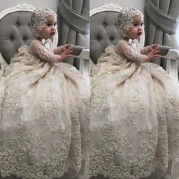 White Ivory Christening Gown for Little Kids O Neck Long Sleeve Lace Pearls First Communion Dress Toddler Infant Baptism Gowns 278O