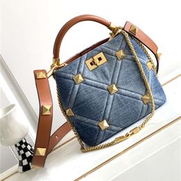 Bags Denim Nail Chain Carrying Bag Large Capacity Bucket Metal One Shoulder Diagonal Straddle Real Leather