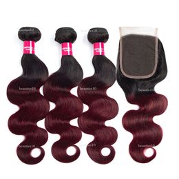 Body Wave Bury Peruvian Weave Bundles With 1B/99J Ombre Human Hair 3 Closure