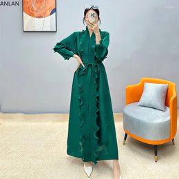 Casual Dresses ANLAN Miyake Pleated Women's Black Dress 2024 Spring Solid Color V-neck Long Sleeved Elegant Maxi S 7YM2905