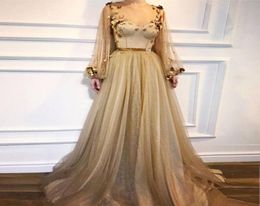Gold Long Sleeves Evening Dresses 2018 Sheer Neck Flowers Tulle Floor Length Formal Evening Gowns Shiny Prom Dresses Zipper Up1632799