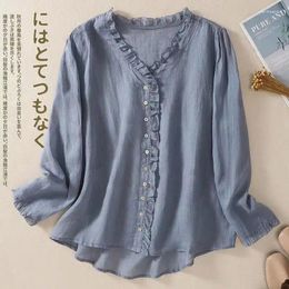 Women's Blouses Cotton Nine-sleeve V-neck Shirt 2024 Spring And Summer Korean Loose Plus Size Foreign-style Wood-ear Cardigan Top