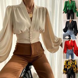 Women's Blouses Cropped Shirt Comfortable V-neck Shrinkable Cuffs Lantern Long Sleeve Solid Colour Casual Lightweight